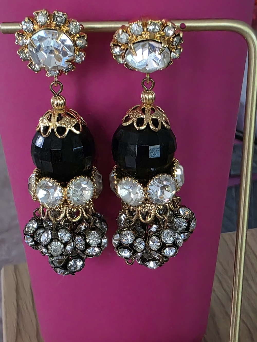 Vintage 80s Baroque Tassel Drop Earrings • Ornate Gold & Black Crystal • Clip-On